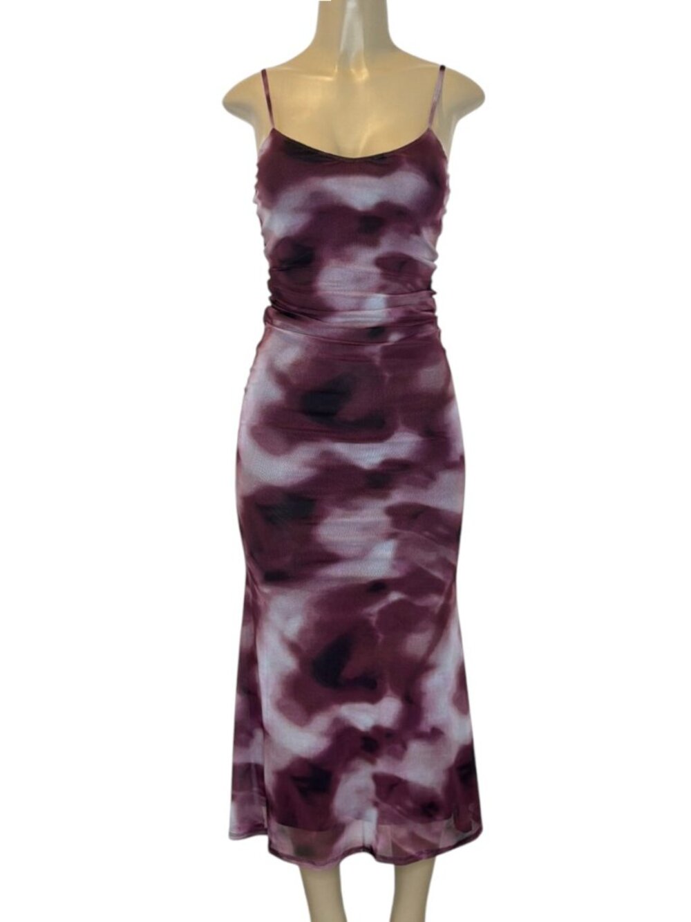 Deep Plum Watercolor Mesh Bodycon Maxi Dress